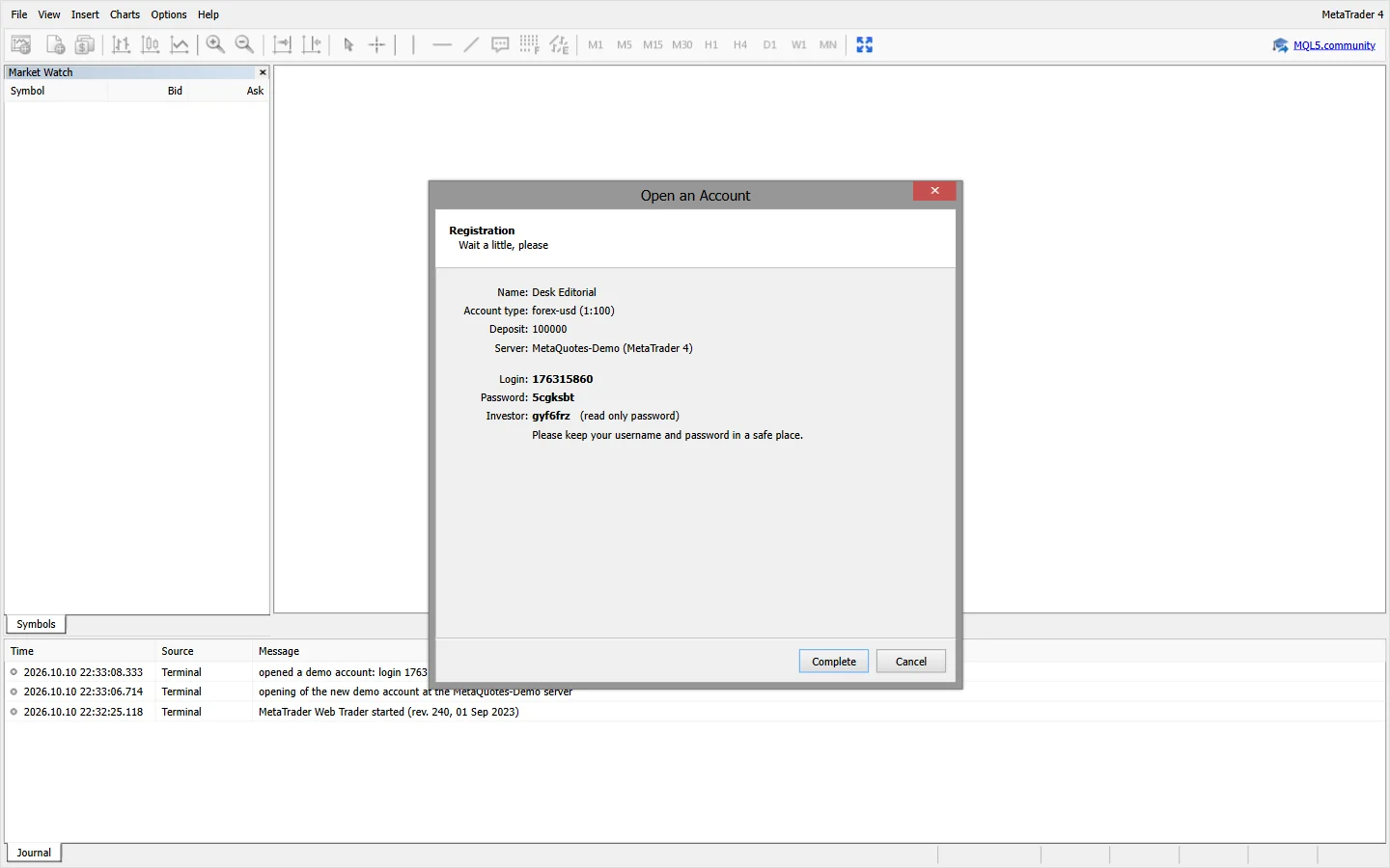 The demo account just created in the MetaTrader web terminal